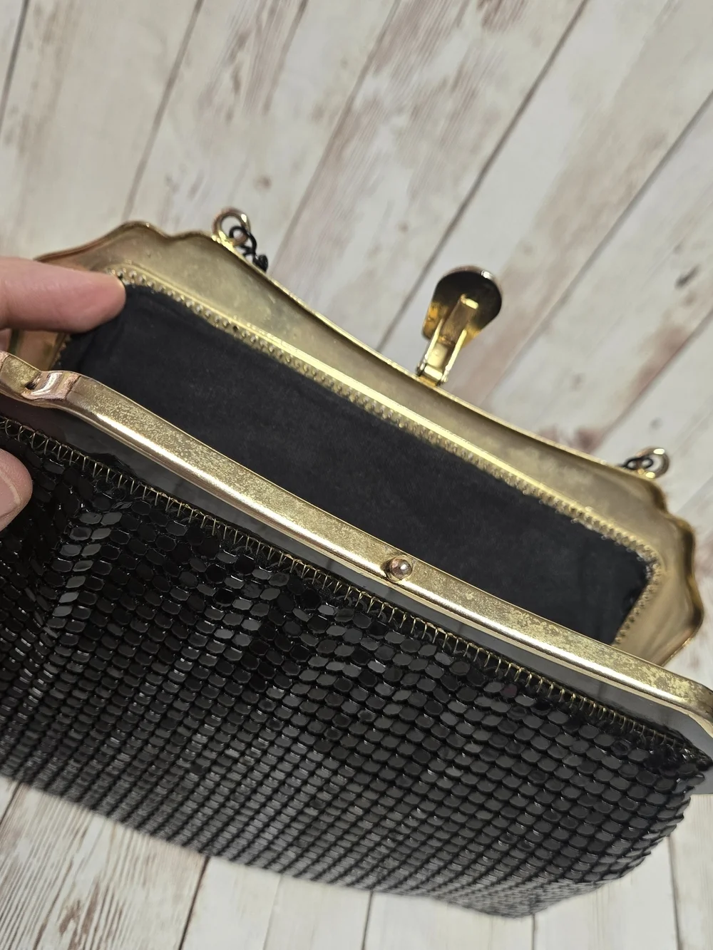 Vintage Black Metal Mesh Evening Bag Gold Tone Frame Chain Strap Purse
